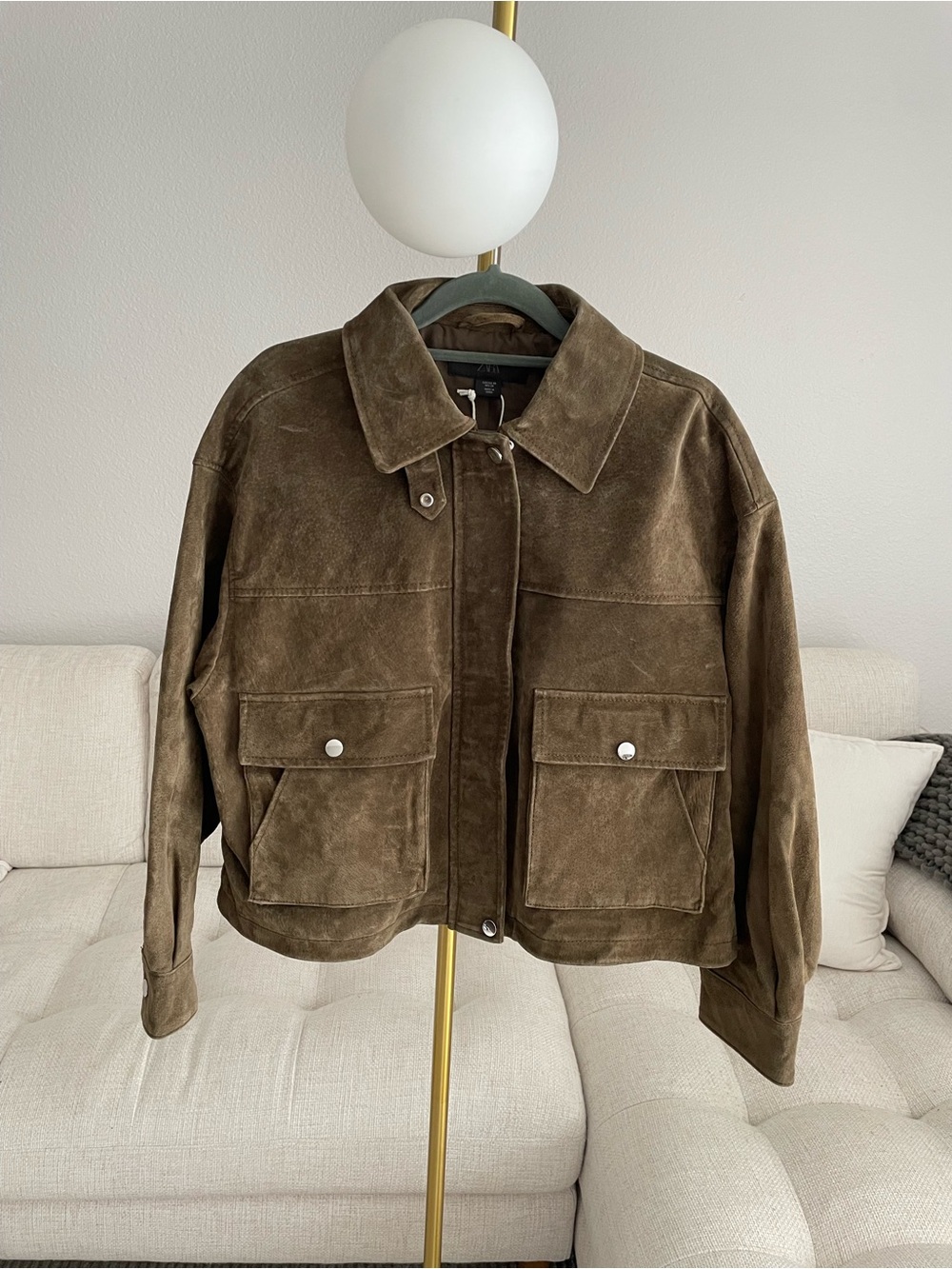 NWT Zara 100% Leather Suede Bomber Jacket Khaki Dusty Cocoa Brown - Picture 8 of 14